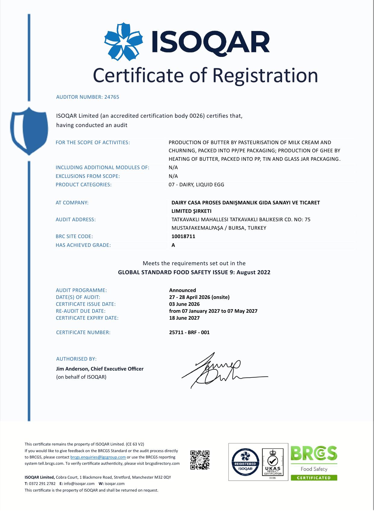 Dairy Casa BRCGS Food Safety sertifikası