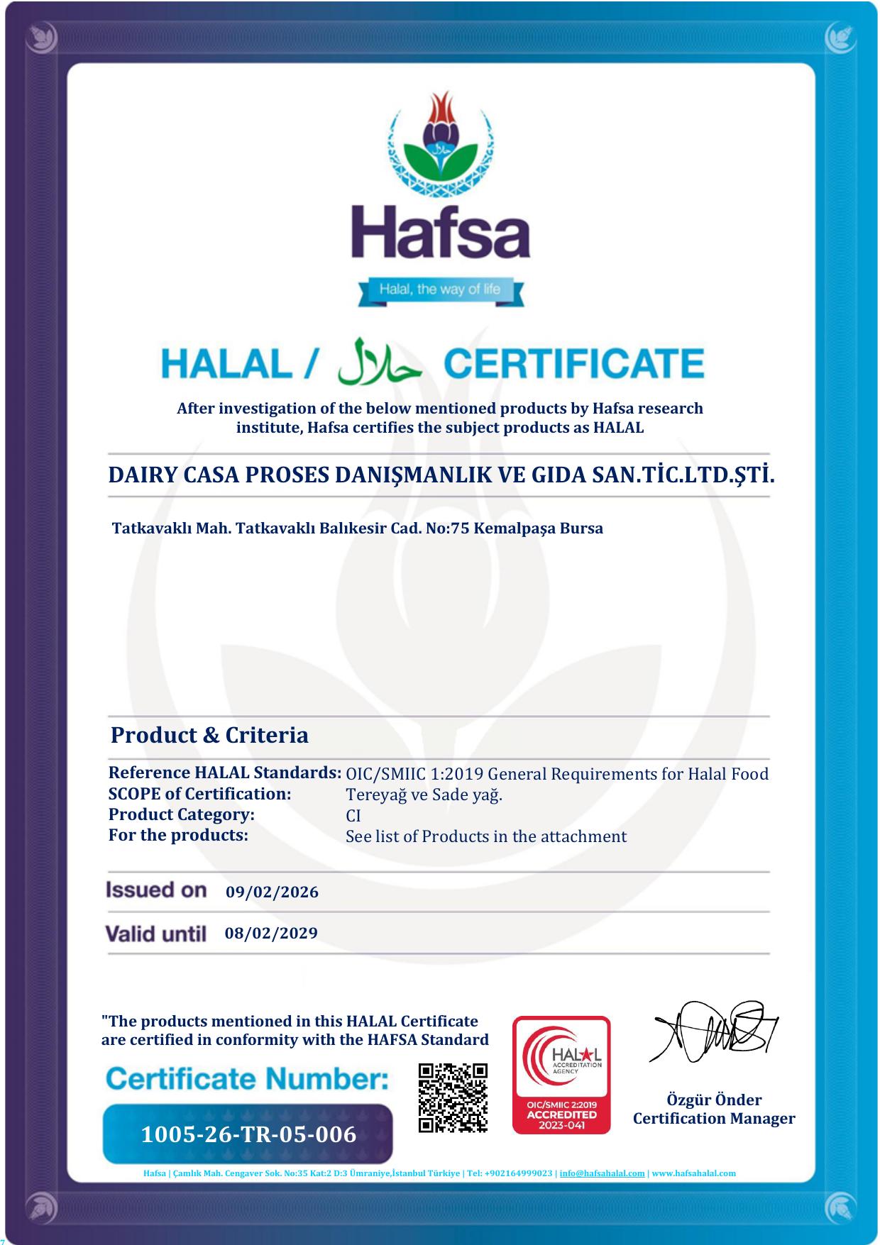 Dairy Casa helal sertifikası